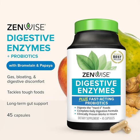 Zenwise Digestive Enzymes - Probiotic Multi Enzymes with Probiotics and Prebiotics for Digestive Health + Bloating Relief for Women and Men, Bromelain and More for Gut Health and Digestion - 180 Count in Kuwait
