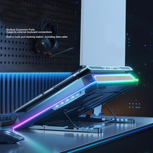قاعدة تبريد للكمبيوتر المحمول للألعاب RGB، مروحة صناعية مع 7 ألوان و10 أوضاع إضاءة و5 ارتفاعات و4 منافذ USB لأجهزة الكمبيوتر المحمولة مقاس 15.6 إلى 19 بوصة in Saudi Arabia