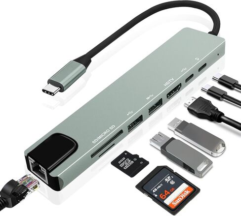 موزع USB-C 8 في 1، محول متعدد المنافذ لأجهزة الكمبيوتر المحمولة، HDMI 4K@60 هرتز، توصيل طاقة 85 وات، 3 منافذ بيانات USB-A 3.0 وUSB-C، قارئ بطاقة SD/TF، ​​لأجهزة النوع C (الشاحن غير متضمن) in Kuwait
