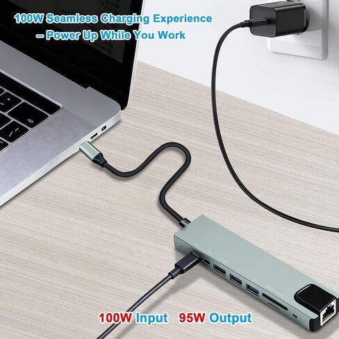 موزع USB-C 8 في 1، محول متعدد المنافذ لأجهزة الكمبيوتر المحمولة، HDMI 4K@60 هرتز، توصيل طاقة 85 وات، 3 منافذ بيانات USB-A 3.0 وUSB-C، قارئ بطاقة SD/TF، ​​لأجهزة النوع C (الشاحن غير متضمن) in Kuwait