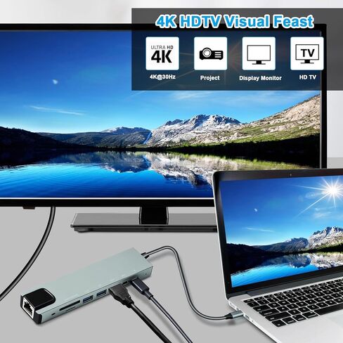 موزع USB-C 8 في 1، محول متعدد المنافذ لأجهزة الكمبيوتر المحمولة، HDMI 4K@60 هرتز، توصيل طاقة 85 وات، 3 منافذ بيانات USB-A 3.0 وUSB-C، قارئ بطاقة SD/TF، ​​لأجهزة النوع C (الشاحن غير متضمن) in Kuwait