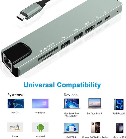 موزع USB-C 8 في 1، محول متعدد المنافذ لأجهزة الكمبيوتر المحمولة، HDMI 4K@60 هرتز، توصيل طاقة 85 وات، 3 منافذ بيانات USB-A 3.0 وUSB-C، قارئ بطاقة SD/TF، ​​لأجهزة النوع C (الشاحن غير متضمن) in Kuwait