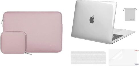 حافظة MOSISO متوافقة مع جهاز MacBook Air 13 بوصة إصدار 2022-2018 A2337 M1 A2179 A1932، غطاء بلاستيكي صلب وحقيبة من النيوبرين مع حافظة صغيرة وغطاء لوحة مفاتيح وواقي شاشة وحقيبة، شفاف وردي فاتح in Saudi Arabia