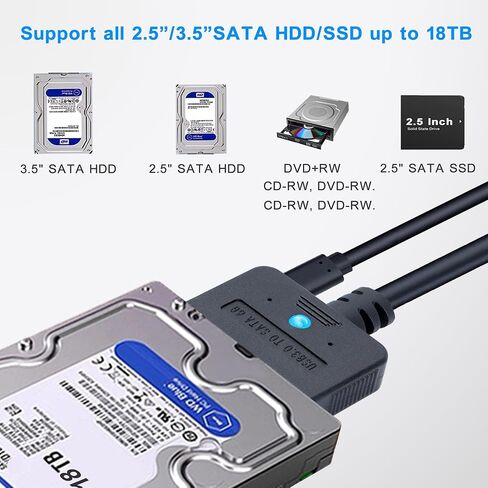 محول USB 3.0 إلى SATA، محول محرك الأقراص الصلبة USB A & Type C 2.5/3.5 بوصة مع مصدر طاقة 30 وات، نقل عالي السرعة UASP 5 جيجابت في الثانية، التوصيل والتشغيل لنظام التشغيل Windows/Mac/Linux (كابل 3.2 قدم) in Kuwait