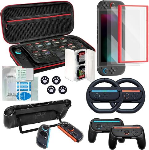 Switch 2 Accessories Bundle for Nintendo, 18 in 1 Game Kit: Travel Carry Case Screen Protector with Alignment Frame Steering Wheels for Mario Kart Grips for Joycon Controller Console Protective Cover in Saudi Arabia