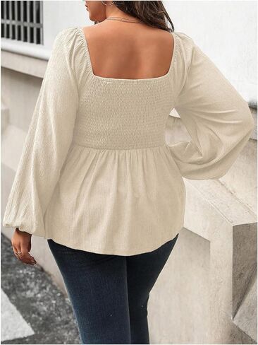 Floerns نساء زائد حجم مربع الرقبة الفانوس الطويل الأكمام كشكش بلوزة بلوزة peplum in Kuwait