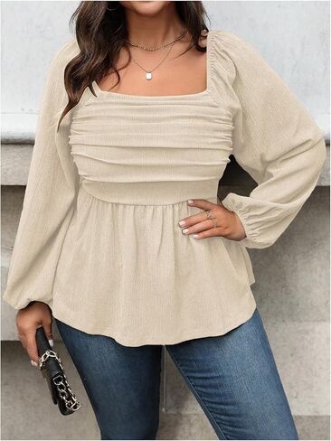 Floerns نساء زائد حجم مربع الرقبة الفانوس الطويل الأكمام كشكش بلوزة بلوزة peplum in Kuwait