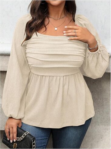 Floerns نساء زائد حجم مربع الرقبة الفانوس الطويل الأكمام كشكش بلوزة بلوزة peplum in Kuwait