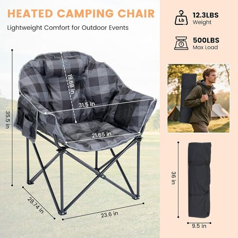 Oversized Heated Camping Chair, Heated Chairs Outdoor Sports with 3 Heat Levels, Portable Folding Heated Outdoor Chair for Lawn Patio Lounge, Battery NOT Included in Saudi Arabia