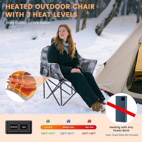 Oversized Heated Camping Chair, Heated Chairs Outdoor Sports with 3 Heat Levels, Portable Folding Heated Outdoor Chair for Lawn Patio Lounge, Battery NOT Included in Saudi Arabia