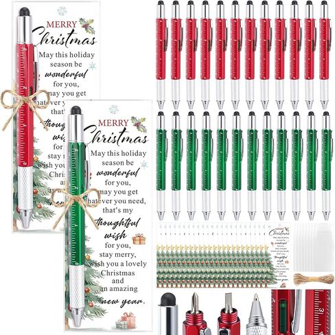 Pajean 24 Set Gifts Bulk for Men 6 in 1 Multi Tool Pens with Ruler Level Stylus Screwdriver Bookmarks Cards for Men Dad Husband Staff Coworker Church Xmas Holiday Party Favors(Christmas) in Saudi Arabia