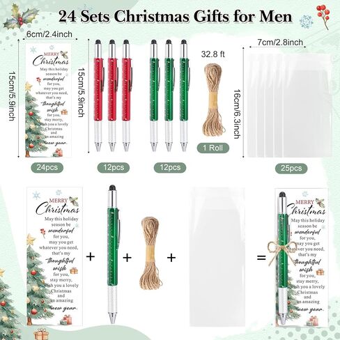 Pajean 24 Set Gifts Bulk for Men 6 in 1 Multi Tool Pens with Ruler Level Stylus Screwdriver Bookmarks Cards for Men Dad Husband Staff Coworker Church Xmas Holiday Party Favors(Christmas) in Saudi Arabia
