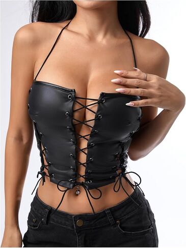 Wdirara Women's Pu Leather Lace Up Halter Top Ocleveless Tie Backless Crops Tops Party Clubwear in Saudi Arabia