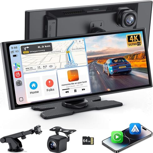 10.26 Inch Carplay Screen for Car, Wireless Carplay & Android Auto, with 4K Dash Cam & 1080P Backup Camera, Bluetooth, Navigation, Mirror Link, Voice Control, Carplay Tablet for All Vehicles in Saudi Arabia