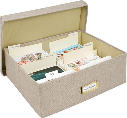 Photo Storage Organizer, Sturdy Linen Photo Box with 4 Dividers, 6 Divider Cards and 2 Label Stickers, Stylish Storage Box for Storing Photos, Birthday Cards, Keepsake, Postcard, GrassGreen in Kuwait