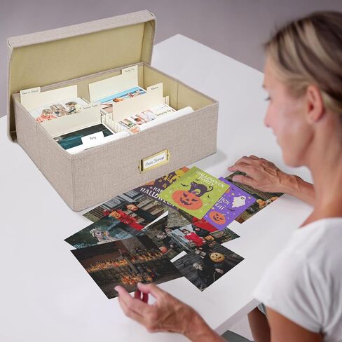 Photo Storage Organizer, Sturdy Linen Photo Box with 4 Dividers, 6 Divider Cards and 2 Label Stickers, Stylish Storage Box for Storing Photos, Birthday Cards, Keepsake, Postcard, GrassGreen in Kuwait