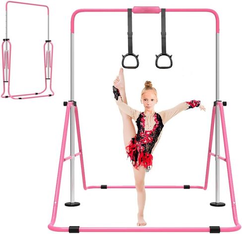 Expandable Gymnastics Bar with Mat for Kids, Adjustable Height Junior Training Kip Bar, Folding Gymnastic Horizontal Bars Monkey Bar, Home Gym Equipment for Kid Gymnasts, Child, Girl, Boy in Kuwait