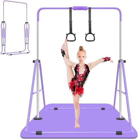 Expandable Gymnastics Bar with Mat for Kids, Adjustable Height Junior Training Kip Bar, Folding Gymnastic Horizontal Bars Monkey Bar, Home Gym Equipment for Kid Gymnasts, Child, Girl, Boy in Kuwait