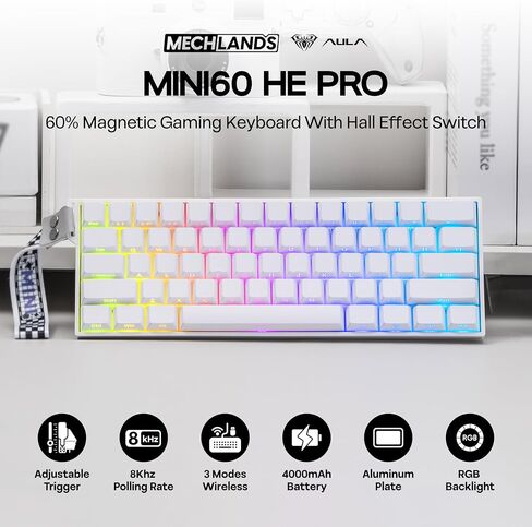 لوحة مفاتيح الألعاب MechLands Aula Mini60 HE PRO اللاسلكية ذات تأثير القاعة، 4000 مللي أمبير في الساعة، SOCD & DKS، لوحة مفاتيح مغناطيسية مع مشغل سريع، تشغيل قابل للتعديل، استقصاء 8K، إضاءة خلفية RGB، تخفيف الصوت (أسود) in Kuwait