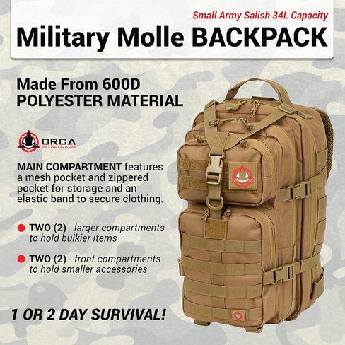 ORCA 34L Military Tactical Backpack – Heavy Duty Waterproof Rucksack for Camping, Hiking & Survival, 600D Polyester (OD Green) in Saudi Arabia