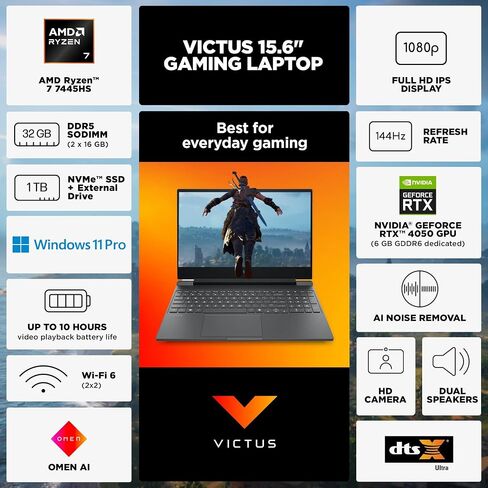 HP Victus 15.6" Gaming Laptop 144Hz 2025-2026 Business, AI Computer, Lifetime Office, Ryzen 7 7445HS, NVIDIA RTX 4050, 16GB RAM, 1TB Storage (512GB SSD+500GB Ext), Backlit KB, MarxsolAddon, Win 11 Pro in Saudi Arabia