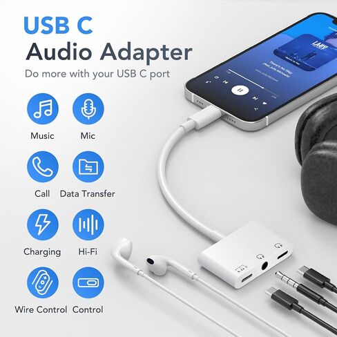 USB-C to 3.5mm Headphone and Charger Adapter, 3 in 1 Dual Type C Aux Splitter Charger Headphone Jack Dongle Cord with PD 60W Fast Charging for iPhone15/16/17, iPadPro, MacBook, Galaxy S23 and More in Saudi Arabia