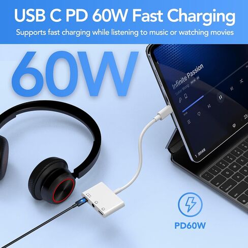 USB-C to 3.5mm Headphone and Charger Adapter, 3 in 1 Dual Type C Aux Splitter Charger Headphone Jack Dongle Cord with PD 60W Fast Charging for iPhone15/16/17, iPadPro, MacBook, Galaxy S23 and More in Saudi Arabia