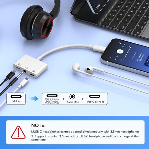 USB-C to 3.5mm Headphone and Charger Adapter, 3 in 1 Dual Type C Aux Splitter Charger Headphone Jack Dongle Cord with PD 60W Fast Charging for iPhone15/16/17, iPadPro, MacBook, Galaxy S23 and More in Saudi Arabia