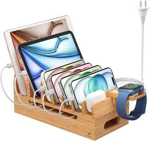 Pezin & Hulin Bamboo Charging Station with Watch Stand, Docking Holder for Multi Device with 5 Port USB Charger HUB, 5 Charge Cables, Desktop Electronic Organizer for Cellphone, Tablet, Watch in Saudi Arabia