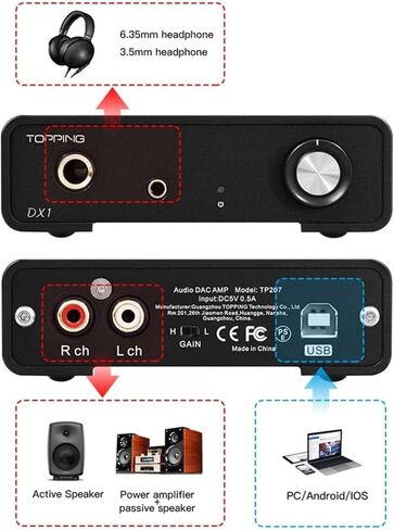 Topping DX1 DAC Headphone Amplifier Combo, 280mW×2 HiFi DAC Amp, Two-Stage GAIN Switch USB Chargable Discrete LNRD, AK4493S DSD256 32Bit/384kHz XMOS XU208 Amps(Silver) in Saudi Arabia