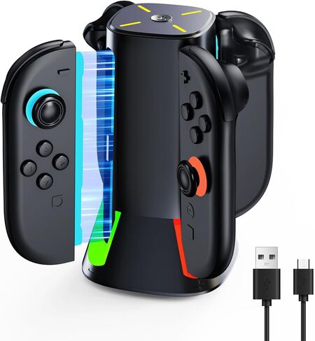 قاعدة شحن وحدة التحكم لنينتندو سويتش-2: شاحن GEEKERA 4 في 1 لمحطة شحن ملحقات Joycon 2 مع ضوء RGB للعبة العائلة والسفر والأصدقاء in Kuwait