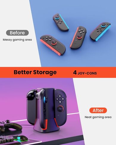 قاعدة شحن وحدة التحكم لنينتندو سويتش-2: شاحن GEEKERA 4 في 1 لمحطة شحن ملحقات Joycon 2 مع ضوء RGB للعبة العائلة والسفر والأصدقاء in Kuwait