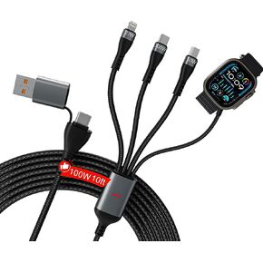 كابل شحن متعدد 100 وات 10 أقدام 4 في 1 لساعة أبل - سلك شاحن طويل سريع مجدول مع شاحن ساعة أبل المغناطيسي، USB-C، لايتنينج وميكرو USB لساعة أبل، آيفون، آيباد، أندرويد، الكمبيوتر اللوحي، الكمبيوتر المحمول in Kuwait