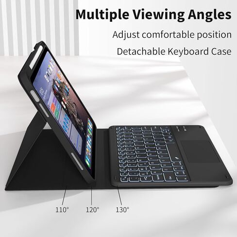 JKSML for iPad(A16) 11th/10th Generation Case with Keyboard (11/10.9 inch) 2025/2022, 7 Color Backlight Detachable Bluetooth Cover with Trackpad, Flip Stand Case Thin with Pencil Holder, Cream White in Kuwait
