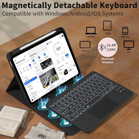 JKSML for iPad(A16) 11th/10th Generation Case with Keyboard (11/10.9 inch) 2025/2022, 7 Color Backlight Detachable Bluetooth Cover with Trackpad, Flip Stand Case Thin with Pencil Holder, Cream White in Kuwait