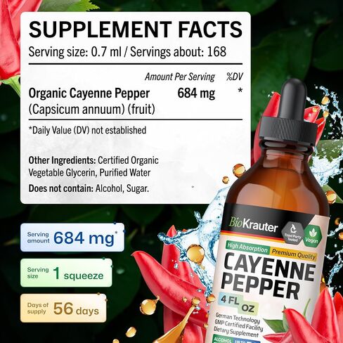 BIO KRAUTER Cayenne Pepper Extract Liquid - Pure Capsaicin Extract - Liquid Cayenne Pepper Drops for Digestive Support - Sugar & Alcohol Free 4 Fl.Oz. in Saudi Arabia