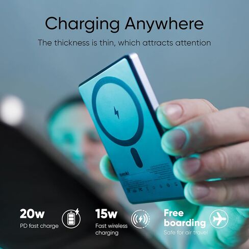 Ultra-Slim Magnetic Power Bank, Aluminum Wireless Portable Charger, Fast Charging USB-C Battery Pack for iPhone 15/14/13/12 & MagSafe, Android Wireless Charging Devices (Blue, 10000) in Saudi Arabia