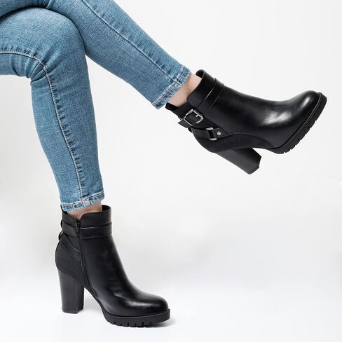 mysoft Women's Ankle Boots Chunky Stacked Heel Zipper Booties - Available in Wide Sizes in Saudi Arabia