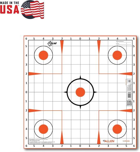 EZ Aim Paper Shooting Targets, 12" Square Sight-In Grid Targets, 13-Pack, White & Orange - Made in America in Saudi Arabia