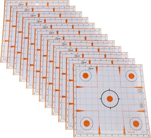 EZ Aim Paper Shooting Targets, 12" Square Sight-In Grid Targets, 13-Pack, White & Orange - Made in America in Saudi Arabia