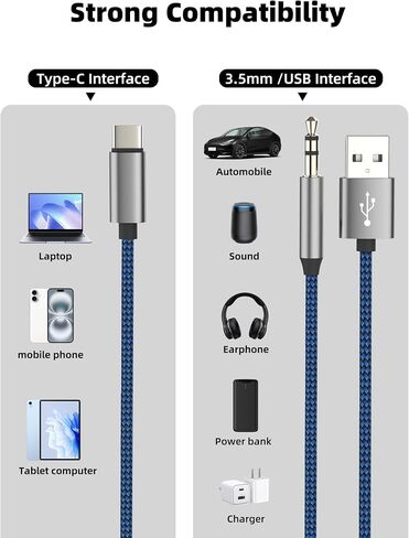 USB C ذكر إلى 3.5 ملم كابل شحن USB صوتي (2 في 1) كابل AUX صوت ستيريو لهاتف Apple iPhone 16 15 Pro Max Type C محول مساعد للسيارة متوافق مع موصل شاحن سماعة الأذن Samsung S25 Android in Kuwait