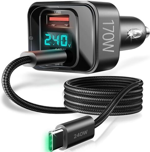شاحن سيارة USB C بقوة 170 واط، محول شحن سريع PD3.1 140 واط + 30 واط مع كابل 240 واط، شاحن سيارة متعدد المنافذ USB-C متوافق مع أجهزة الكمبيوتر المحمول MacBook iPhone 17/16/15 Pro Max Samsung S24 Ultra iPad (أسود) in Kuwait