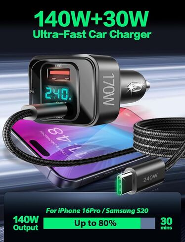 شاحن سيارة USB C بقوة 170 واط، محول شحن سريع PD3.1 140 واط + 30 واط مع كابل 240 واط، شاحن سيارة متعدد المنافذ USB-C متوافق مع أجهزة الكمبيوتر المحمول MacBook iPhone 17/16/15 Pro Max Samsung S24 Ultra iPad (أسود) in Kuwait