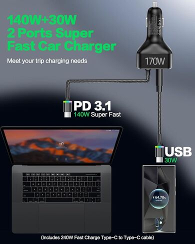 شاحن سيارة USB C بقوة 170 واط، محول شحن سريع PD3.1 140 واط + 30 واط مع كابل 240 واط، شاحن سيارة متعدد المنافذ USB-C متوافق مع أجهزة الكمبيوتر المحمول MacBook iPhone 17/16/15 Pro Max Samsung S24 Ultra iPad (أسود) in Kuwait