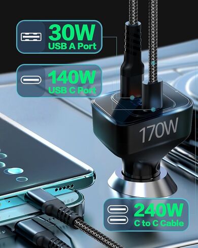 شاحن سيارة USB C بقوة 170 واط، محول شحن سريع PD3.1 140 واط + 30 واط مع كابل 240 واط، شاحن سيارة متعدد المنافذ USB-C متوافق مع أجهزة الكمبيوتر المحمول MacBook iPhone 17/16/15 Pro Max Samsung S24 Ultra iPad (أسود) in Kuwait