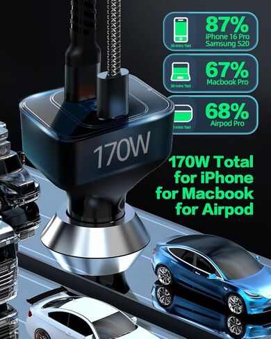 شاحن سيارة USB C بقوة 170 واط، محول شحن سريع PD3.1 140 واط + 30 واط مع كابل 240 واط، شاحن سيارة متعدد المنافذ USB-C متوافق مع أجهزة الكمبيوتر المحمول MacBook iPhone 17/16/15 Pro Max Samsung S24 Ultra iPad (أسود) in Kuwait