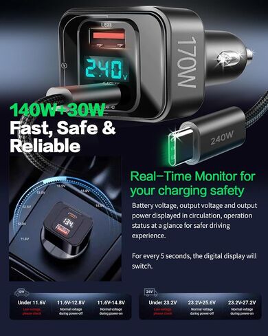 شاحن سيارة USB C بقوة 170 واط، محول شحن سريع PD3.1 140 واط + 30 واط مع كابل 240 واط، شاحن سيارة متعدد المنافذ USB-C متوافق مع أجهزة الكمبيوتر المحمول MacBook iPhone 17/16/15 Pro Max Samsung S24 Ultra iPad (أسود) in Kuwait
