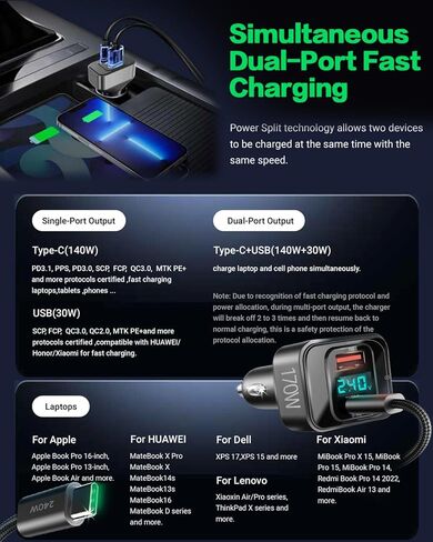 شاحن سيارة USB C بقوة 170 واط، محول شحن سريع PD3.1 140 واط + 30 واط مع كابل 240 واط، شاحن سيارة متعدد المنافذ USB-C متوافق مع أجهزة الكمبيوتر المحمول MacBook iPhone 17/16/15 Pro Max Samsung S24 Ultra iPad (أسود) in Kuwait