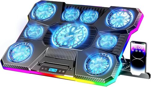 وسادة تبريد للكمبيوتر المحمول Storm Pro A21 مع 9 مراوح (6 × 60 مم + 4 × 85 مم، حتى 2400 دورة في الدقيقة)، إضاءة RGB، شاشة LCD، حامل للهاتف المحمول، 9 مستويات ارتفاع، منافذ USB ونوع C، تناسب أجهزة الكمبيوتر المحمولة مقاس 17 بوصة - أسود in Kuwait