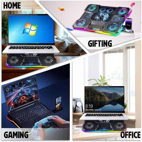 وسادة تبريد للكمبيوتر المحمول Storm Pro A21 مع 9 مراوح (6 × 60 مم + 4 × 85 مم، حتى 2400 دورة في الدقيقة)، إضاءة RGB، شاشة LCD، حامل للهاتف المحمول، 9 مستويات ارتفاع، منافذ USB ونوع C، تناسب أجهزة الكمبيوتر المحمولة مقاس 17 بوصة - أسود in Kuwait